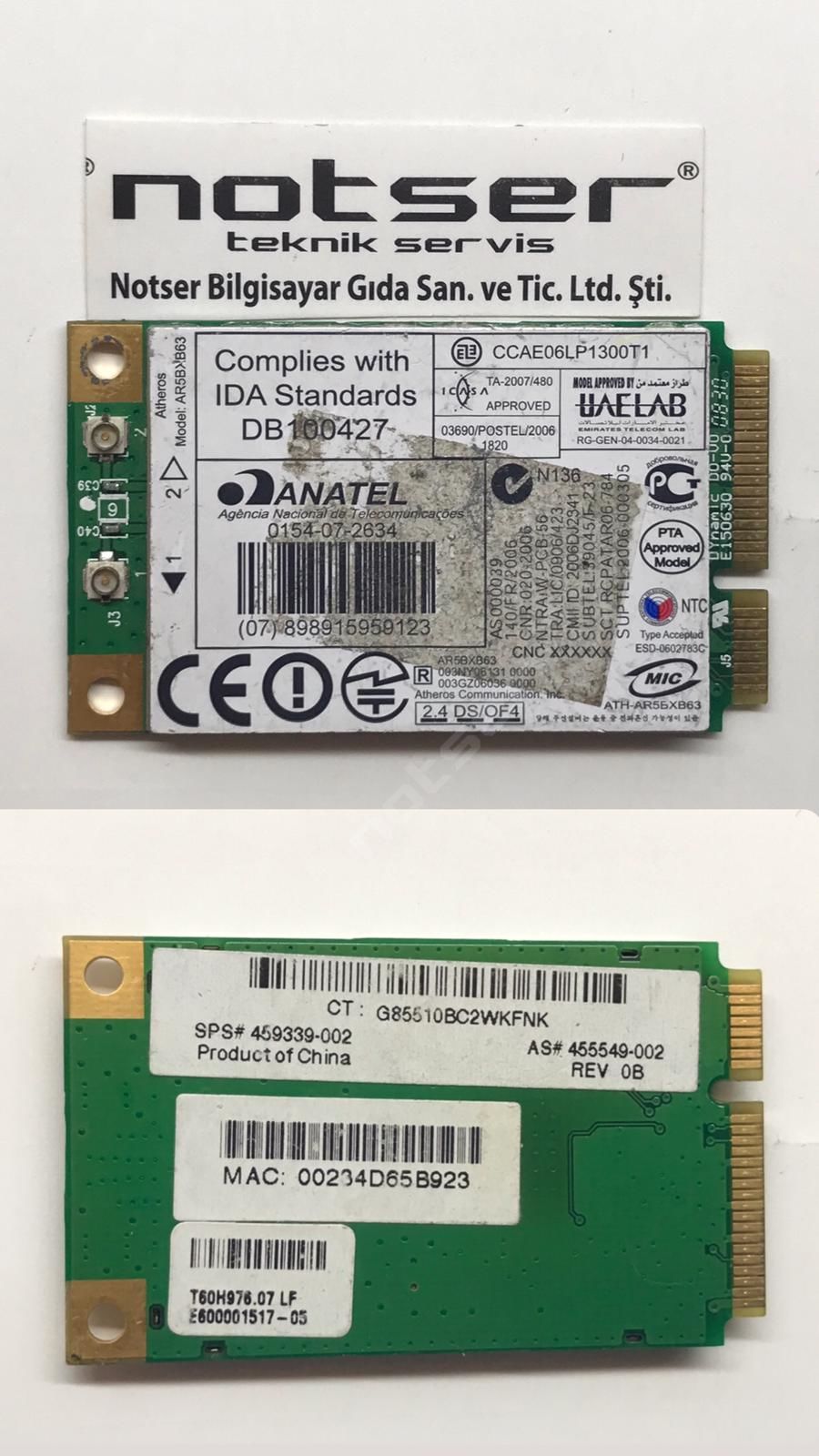 Anatel AR5BXB63 Eski Tip PCI wifi kart